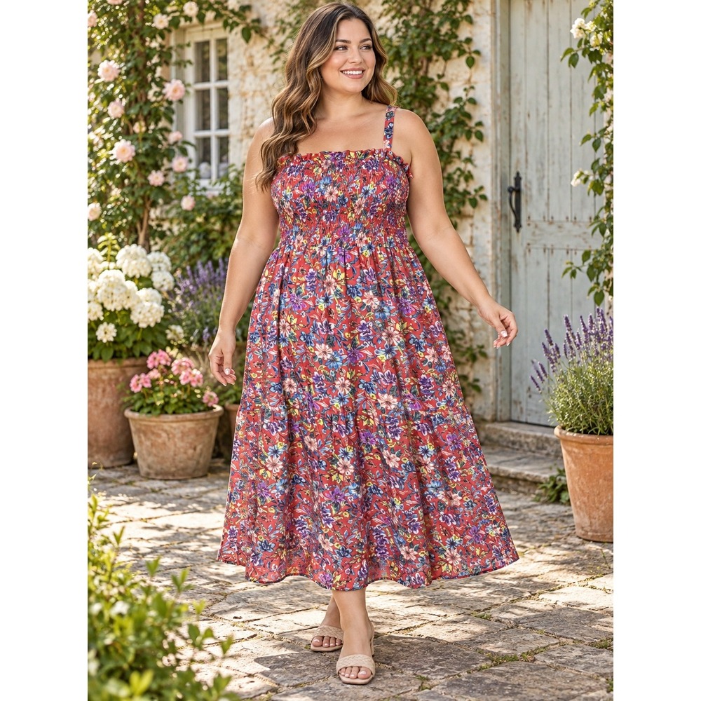 K297. Cottagecore Boho Smocked Tiered Maxi Dress XL Boho Summer Sleeveless